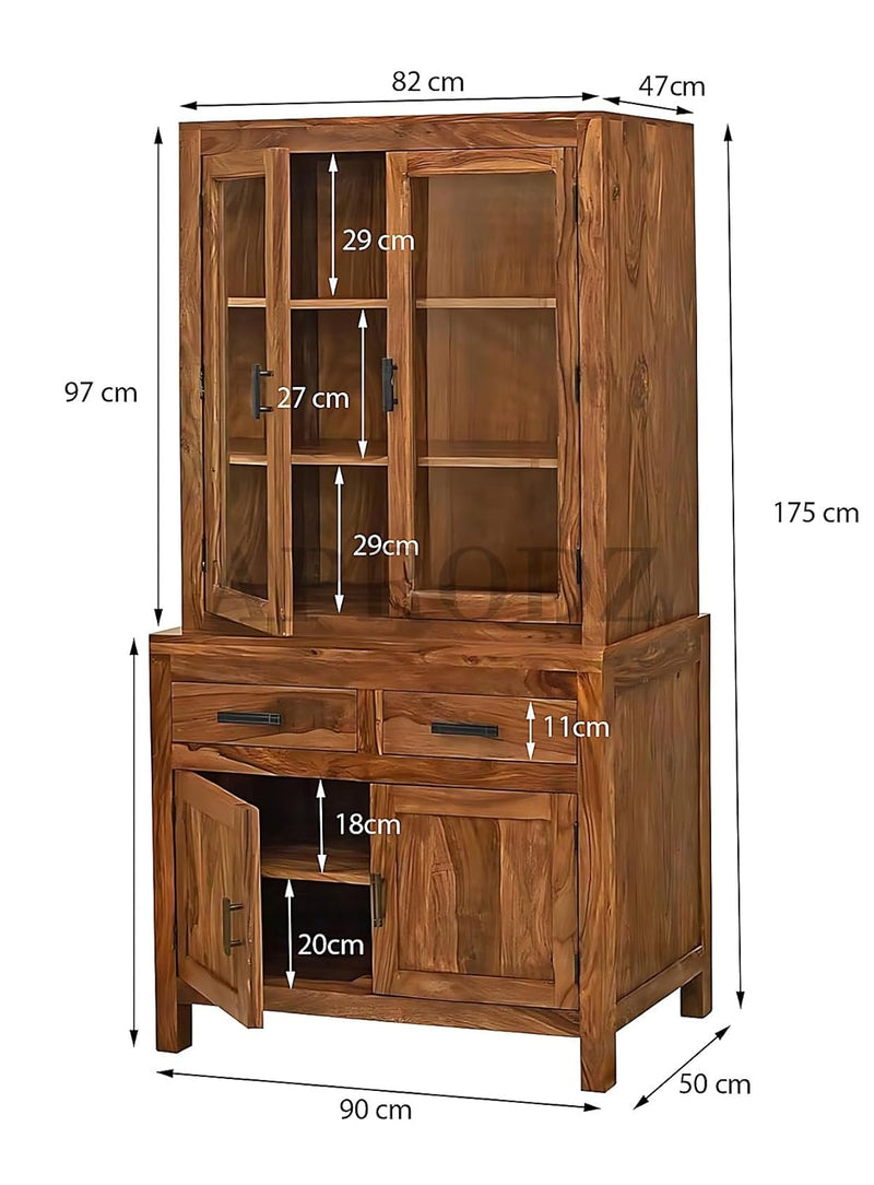 Glass Door Cabinet | 2 Drawers 3 Shelves Sheesham Wood Storage Organizer | Durable Stylish Wooden Furniture | Elegant Design Home Decor Compact Multifunctional | Compact multifunctional furniture 