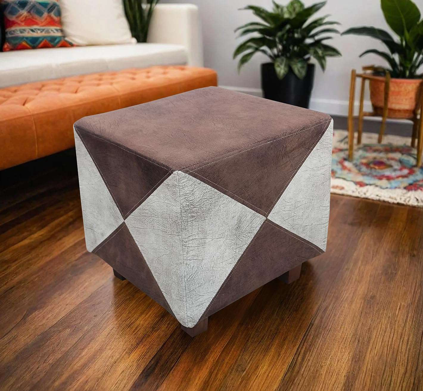 APRODZ Ottoman Stool for Living Room | Pouffes for Sitting| Foot stools | Office Stools | Decoration & Dressing Table Suede Fabric Set of 1 Brown + Beige