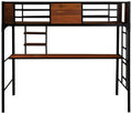 APRODZ Ellison Twin Size Bunk Bed with Work Station (Wood + Metal - Light Walnut and Black)