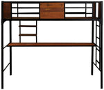 APRODZ Ellison Twin Size Bunk Bed with Work Station (Wood + Metal - Light Walnut and Black)