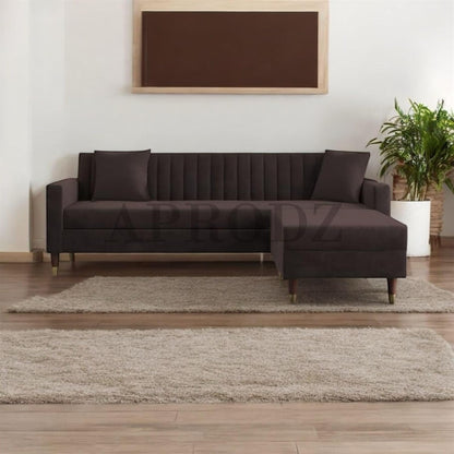 Velora L-Shape Velvet Sectional Sofa – Tufted Back, Mid-Century Modern Design with Gold-Tipped Legs | Living Room Furniture Aprodz