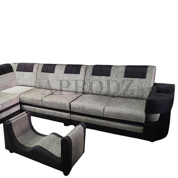 Modern L-Shaped Sectional 7-Seater Sofa with Coffee Table Padded Armrest Perfect Fabric Corner Sofa for Guests Living Room, Drawing Room, Office & Lounge Grey and Black 