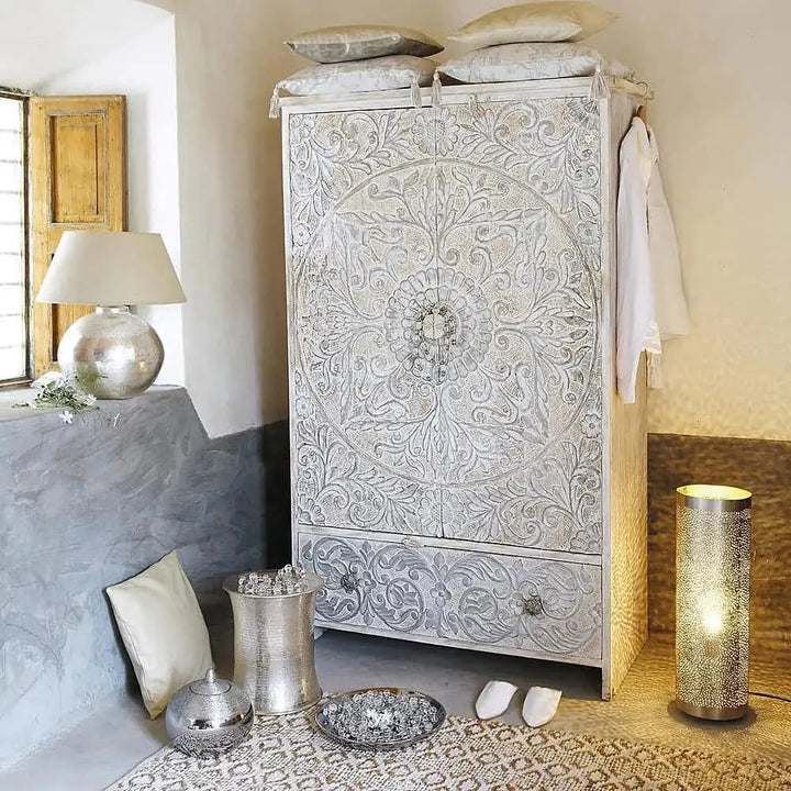 Translation missing: en.APRODZ Scolpito Mango Wood Two Door and 1 Drawer Wardrobe Storage Almirah Cupboard for Cloths (Solid Wood - White + Silver)