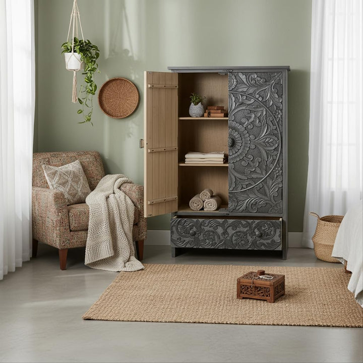 Translation missing: en.Scolpito Mango Wood Wardrobe for Bedroom 2-Door Antique Wooden Almirah for Storage/Space Saving with 1-Drawer Storage Organizer Rack Clothes Cupboard for Bedroom 