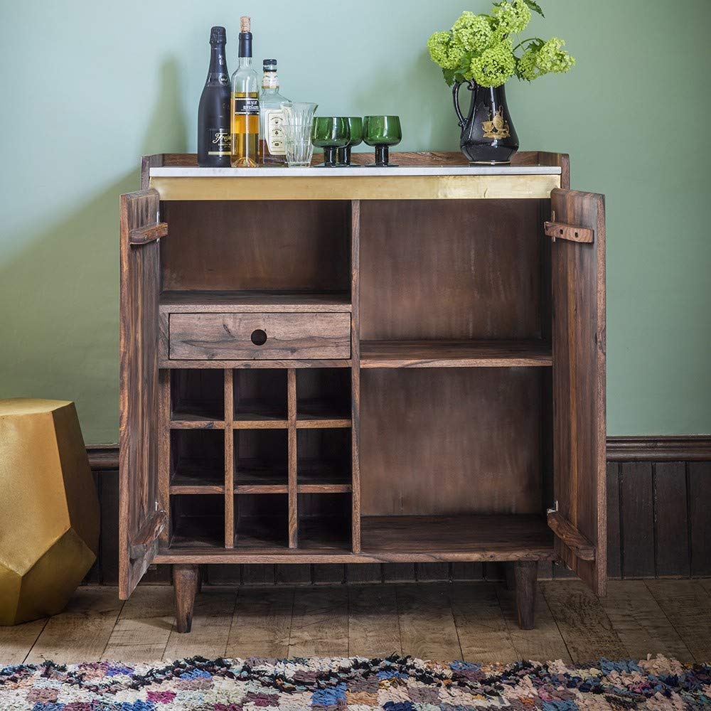 APRODZ Sheesham Wood Wine Storage Stylish Balgo Marble Bar Cabinet for Living Room | Brown Finish