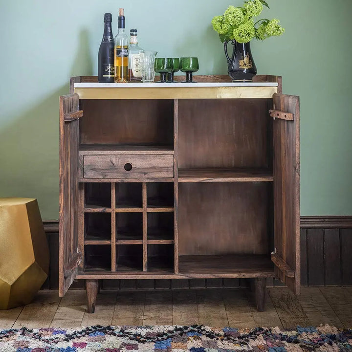 Translation missing: en.APRODZ Sheesham Wood Wine Storage Stylish Balgo Marble Bar Cabinet for Living Room | Brown Finish