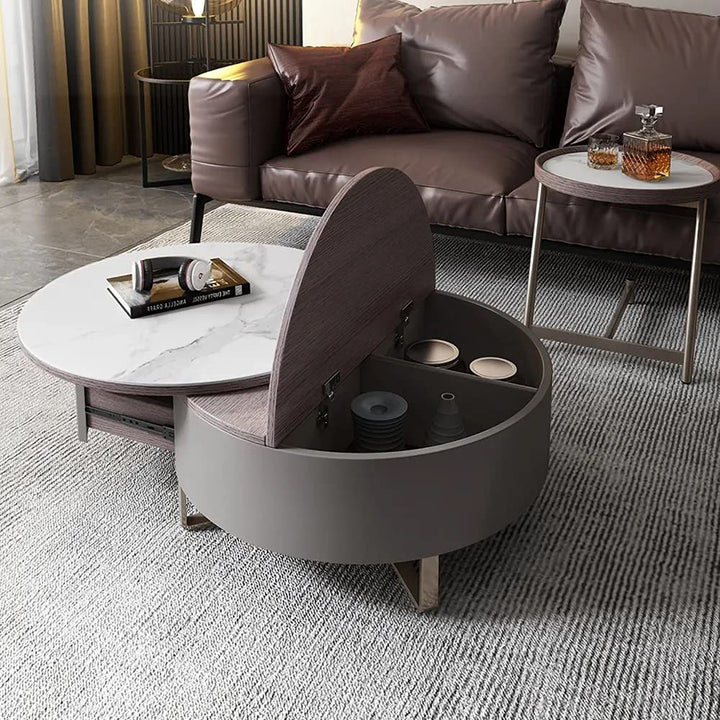 Translation missing: en.Modern 2-Piece Nesting 2 Drawer Coffee Table Set with Rotating Faux Marble Top, Flip-Top Storage, Grey and Gold Metal Legs  Coffee Table