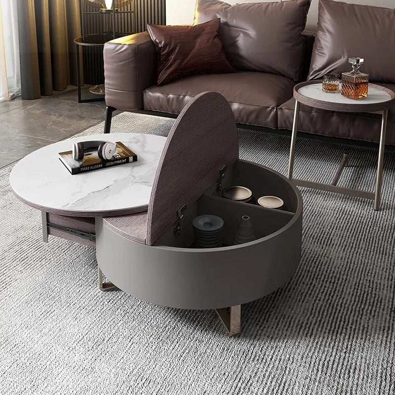 Modern 2-Piece Nesting 2 Drawer Coffee Table Set with Rotating Faux Marble Top, Flip-Top Storage, Grey and Gold Metal Legs  Coffee Table