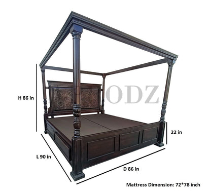 Nihcas Sheesham Wood King Size Four Poster Bed (Dark-Walnut)