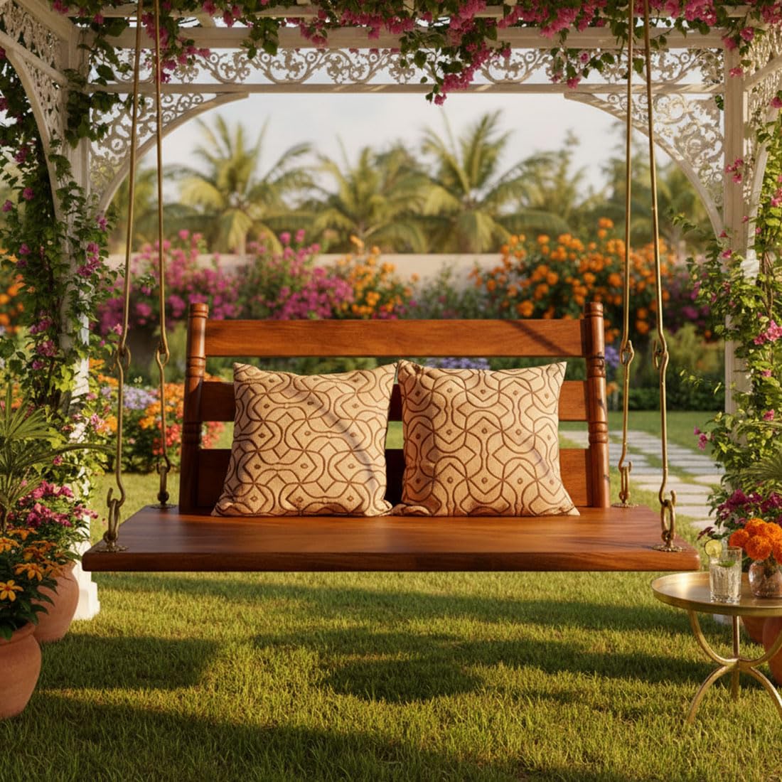 Jhula for Adults for Home 3 Seater Swing Wooden Jhula for Indoor Outdoor & 