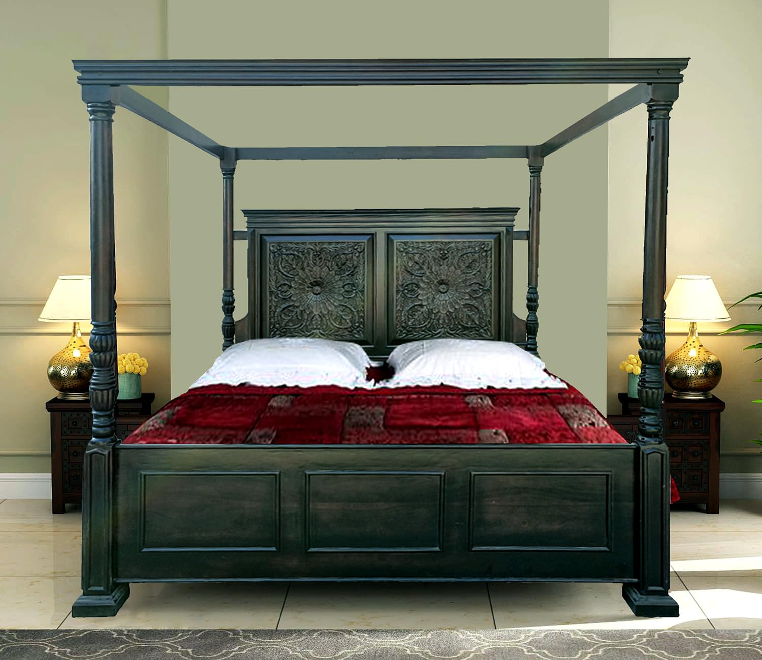 Nihcas Sheesham Wood King Size Four Poster Bed (Dark-Walnut) Aprodz