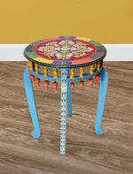Wooden Handpainted Round Top Side Table Portabe Teal Coffee Table for Living Room (Multicolor) 