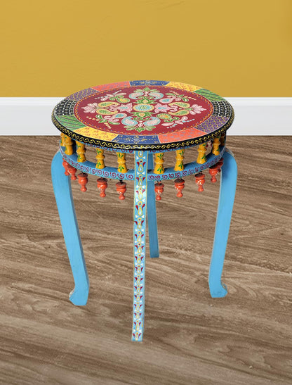 Wooden Handpainted Round Top Side Table Portabe Teal Coffee Table for Living Room (Multicolor)