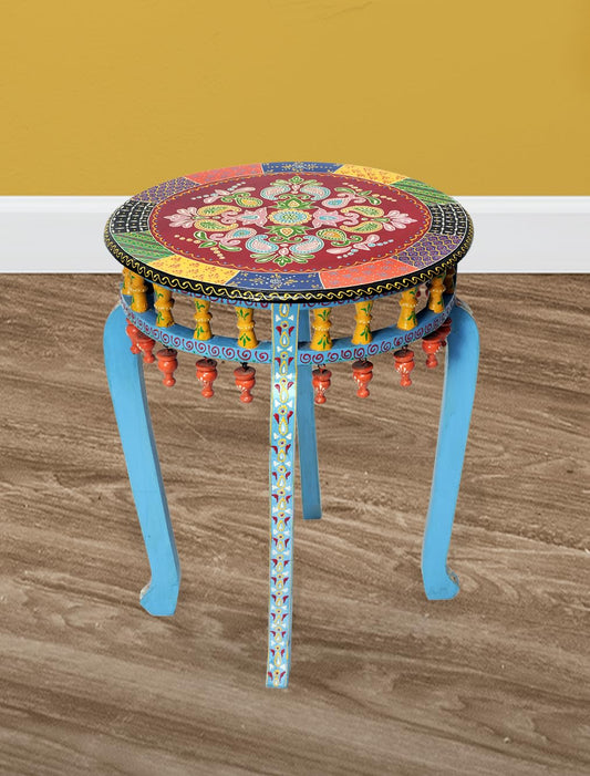 Wooden Handpainted Round Top Side Table Portabe Teal Coffee Table for Living Room (Multicolor)