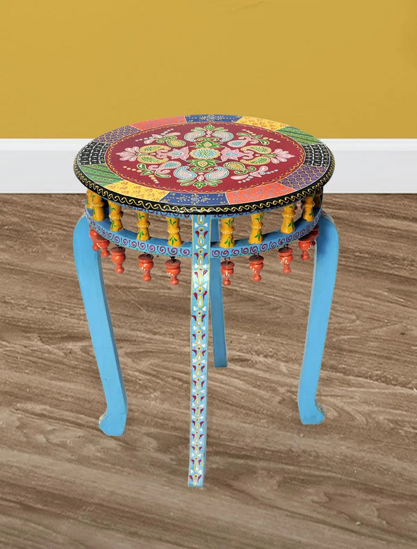 Wooden Handpainted Round Top Side Table Portabe Teal Coffee Table for Living Room (Multicolor) 