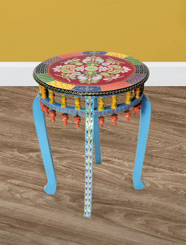 Translation missing: en.Wooden Handpainted Round Top Side Table Portabe Teal Coffee Table for Living Room (Multicolor) 