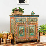 Wooden Handpainted Antique Cabinet with Door and Drawer Storage for Living Room (Multicolor) 