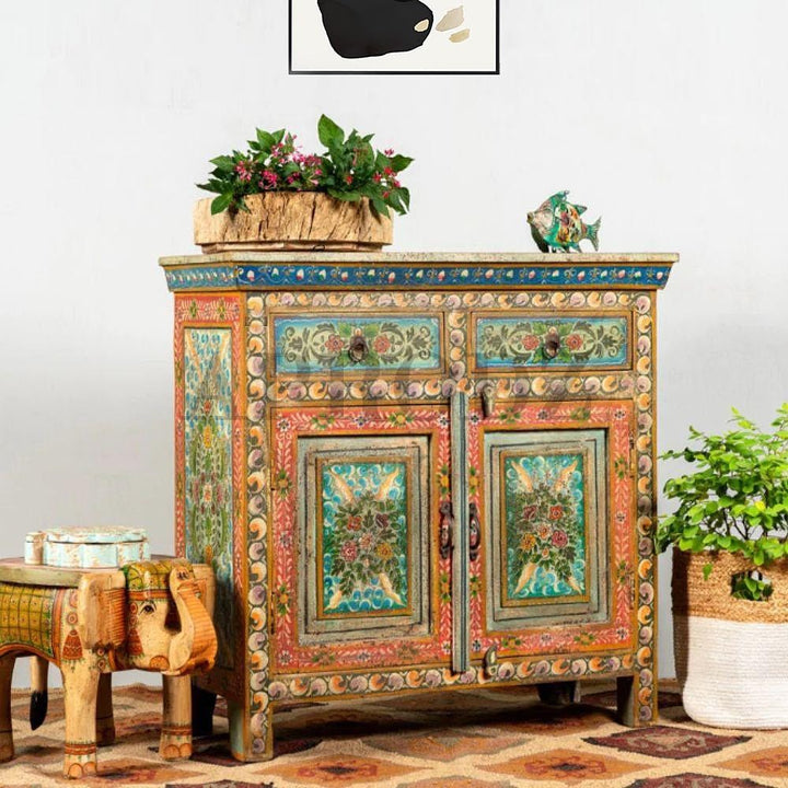 Translation missing: en.Wooden Handpainted Antique Cabinet with Door and Drawer Storage for Living Room (Multicolor) 