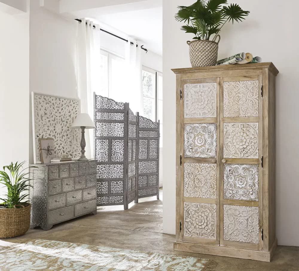 APRODZ Floreale Carved Mango Wood 2-Door Wardrobe Storage Almirah Cupboard for Cloths (White + Silver and Natural)