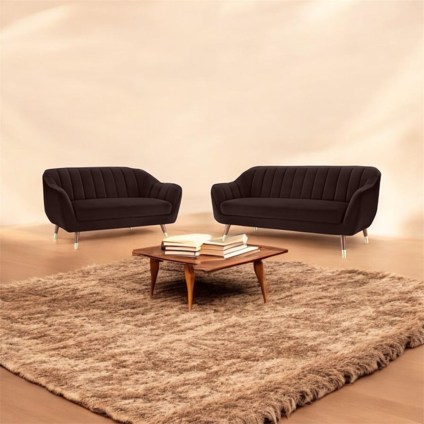 Lumina Modern Velvet Upholstered 3-Seater Sofa with Channel Tufted Backrest & Golden Metal Legs | Stylish Mid-Century Couch for Living Room & Lounge