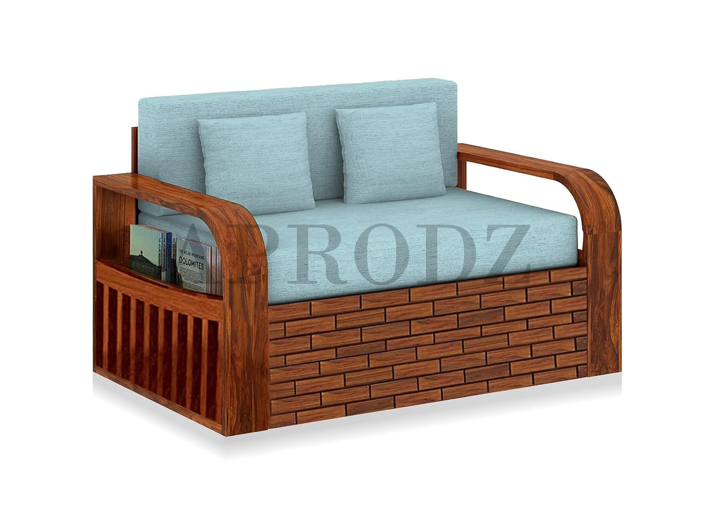 Sheesham Wood Sofa Cum Bed, 2 Seater with Turquoise Upholstery (75 x 51 x 30 Inch)