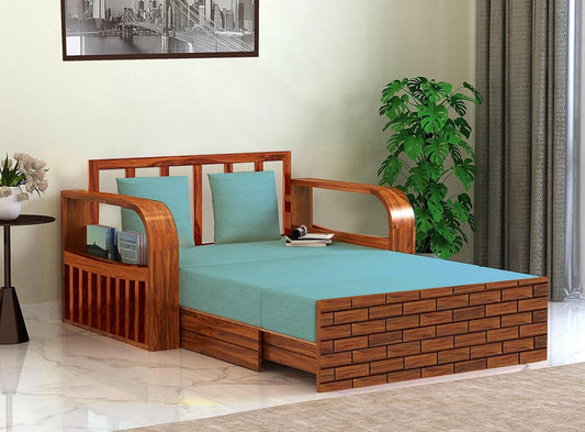 Sheesham Wood Sofa Cum Bed, 2 Seater with Turquoise Upholstery (75 x 51 x 30 Inch)