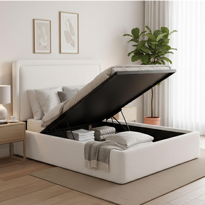 Boucle Bed Frame With Storage, Upholstered Headboard, Metal Bed Frame With Headboard, Hydraulic Storage System, No Box Spring Required, Beige 