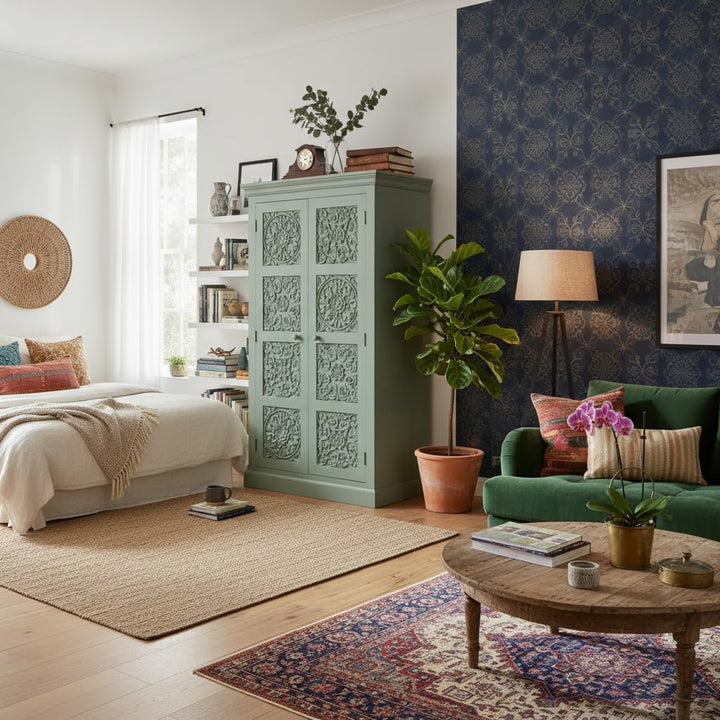 Translation missing: en.Floreale wardrobe Carved Mango Wood 2-Door Wardrobe Almirah 