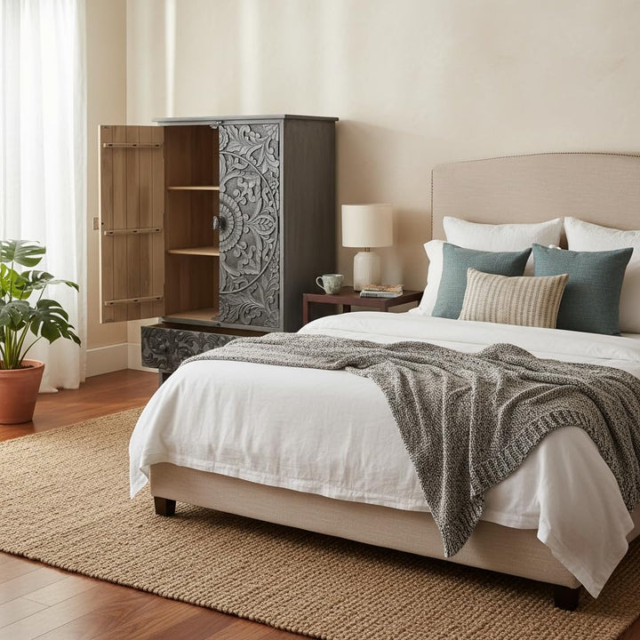 Translation missing: en.Scolpito Mango Wood Wardrobe for Bedroom 2-Door Antique Wooden Almirah for Storage/Space Saving with 1-Drawer Storage Organizer Rack Clothes Cupboard for Bedroom 