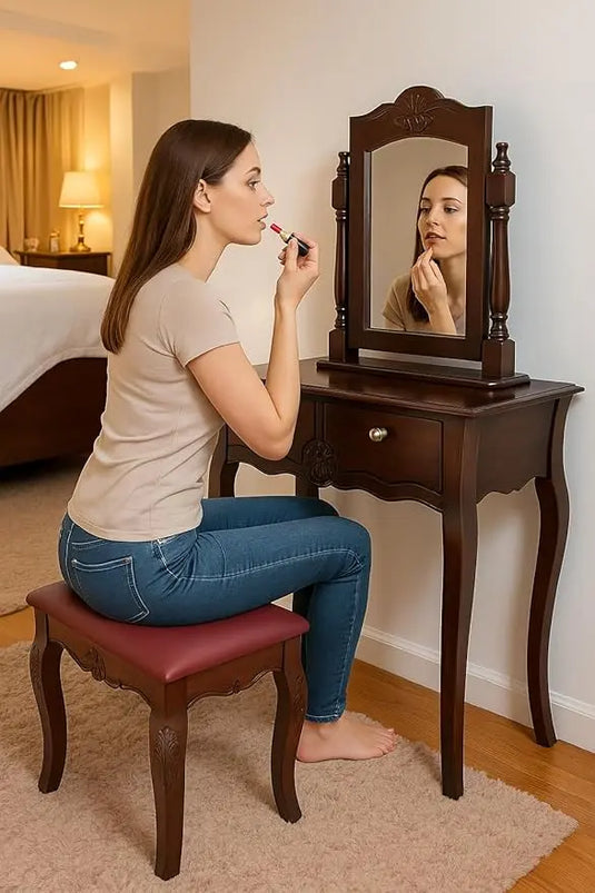Translation missing: en.Dressing Table with Mirror and Stool | Sheesham Wood Stylish Wooden Vanity | Compact Design Durable Elegant Bedroom Furniture Makeup Organizer Home Decor (Brown) 