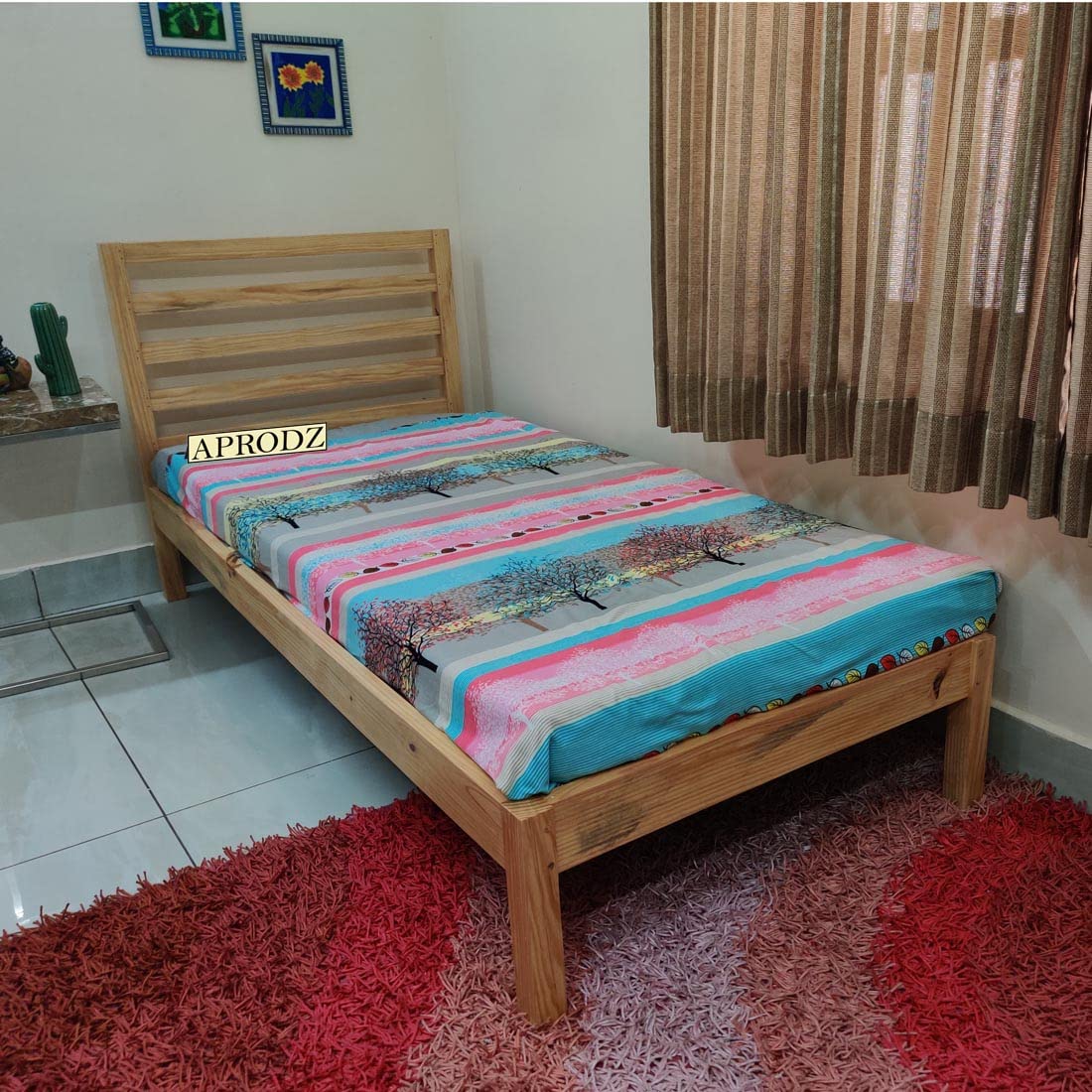 APRODZ Devdar Pine Wood Single Size Bed Without Storage for Bedroom Living Room Home (Natural Finish)