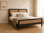 Mango Wood and Rattan Cane King Size & Queen Size Bed Frame, Black Finish 