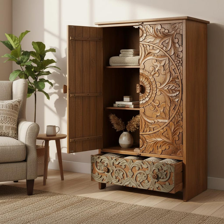 Translation missing: en.Scolpito Mango Wood Wardrobe for Bedroom 2-Door Antique Wooden Almirah for Storage/Space Saving with 1-Drawer Storage Organizer Rack Clothes Cupboard for Bedroom 