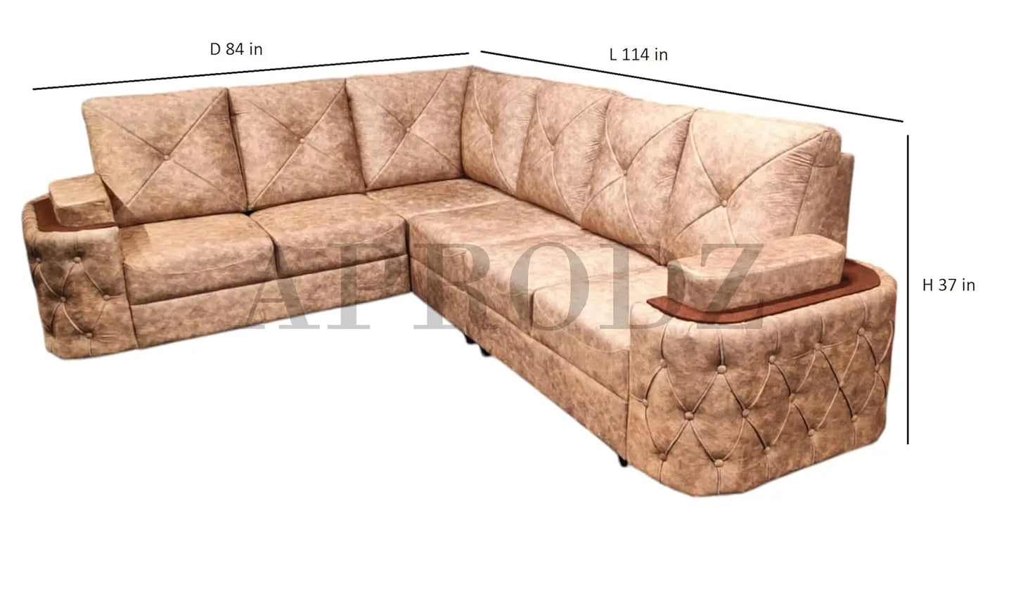 7-Seater Sofa with Padded Armrest, Premium Faux Leather Fabric Corner Sofa for Guests, Living Room, Drawing Room, Office & Lounge (Beige) 