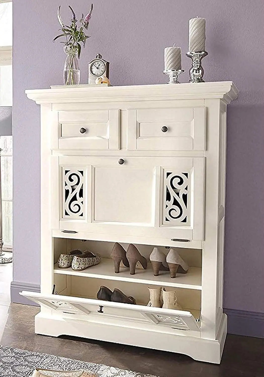 Mango Wood Preto Shoe Cabinet for Home | Shoe Rack Organiser | White Finish