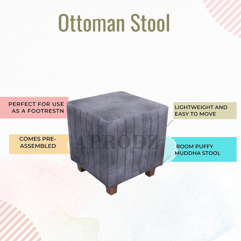 Flute Printed Ottoman Stool Upholstered Foam Cushioned Pouffes for Living Room Puffy Muddha Stool for Footrest & Sitting, Velvet Pouf Stool, Furniture for Home Decor, Office Set of 1 (Hale Navy) 