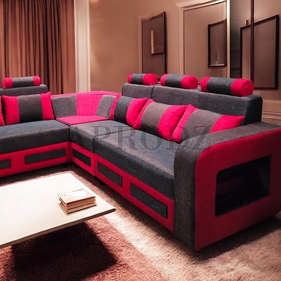 L-Shaped Sectional 6-Seater Sofa with Coffee Table Padded Armrest Perfect Fabric Corner Sofa for Guests Living Room, Drawing Room, Office & Lounge (Grey/Red) 