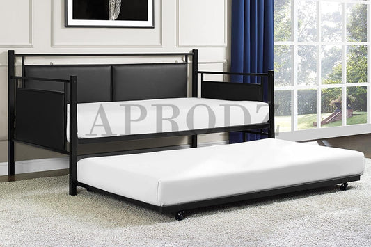 APRODZ Surte Twin Size Metal Daybed with Trundle Bed, (Mattress Included-Metal - Black Powdercoated)