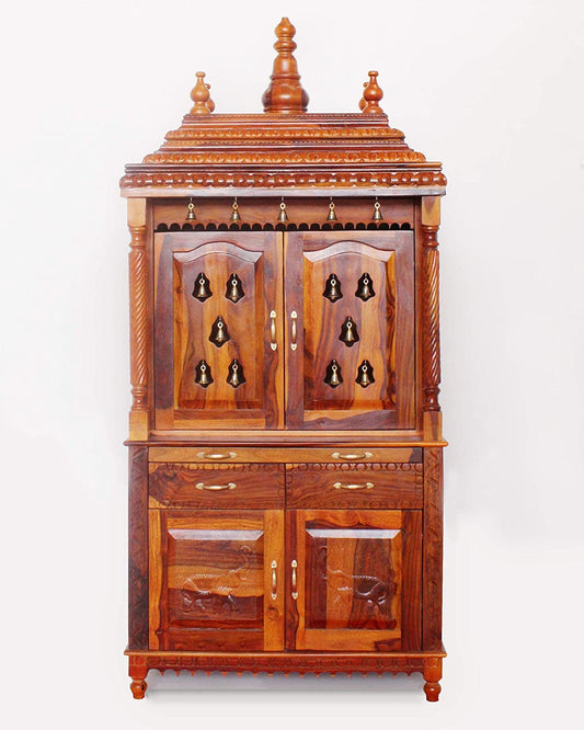 Handcrafted Sheesham Wood Temple with Storage for Pooja Room | Temple for Home | Pooja Mandir (Standard, Natural Teak)