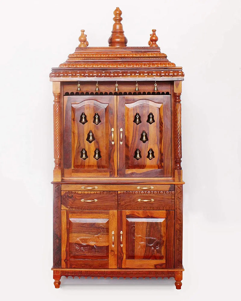 Handcrafted Sheesham Wood Temple with Storage for Pooja Room | Temple for Home | Pooja Mandir (Standard, Natural Teak) 