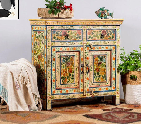 Translation missing: en.Wooden Handpainted Antique Cabinet with Door &amp; Drawer Storage for Living Room (Multicolor) 