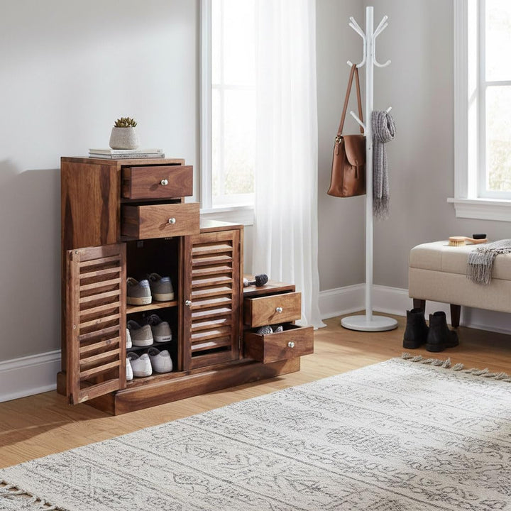 Translation missing: en.Sheesham Wood Storage Zuni Shoe Rack Cabinet for Living Room | 2 Shelf 4 Drawer Shoe Organizer | Brown 