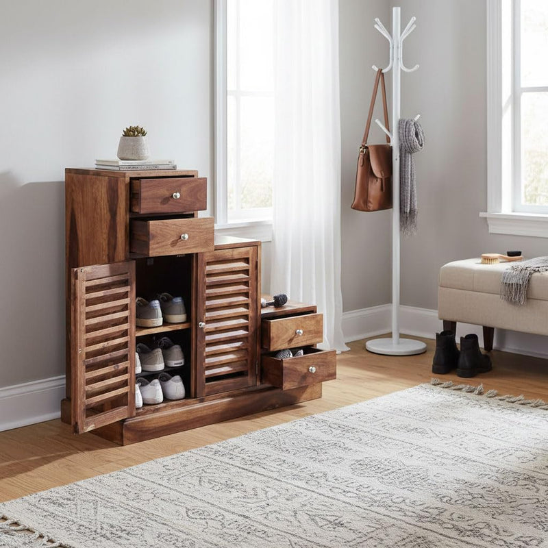 Sheesham Wood Storage Zuni Shoe Rack Cabinet for Living Room | 2 Shelf 4 Drawer Shoe Organizer | Brown 
