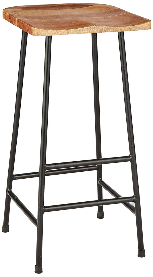 Jean Steel Frame Mango Wood Bar Stools – Set of 2 Naturally Stained Wooden Seats with Sturdy Black Metal Base for Kitchen, Bar & Dining Area