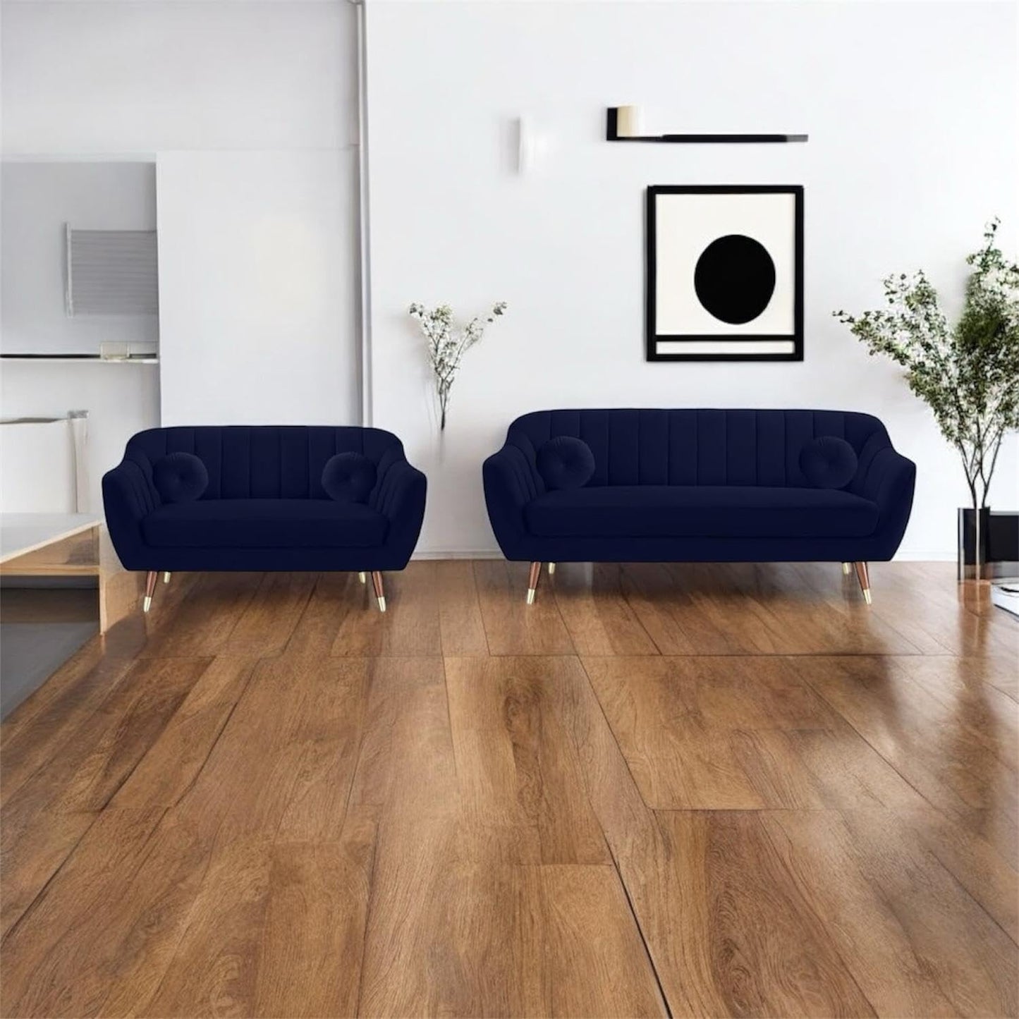 Lumina Modern Velvet Upholstered 3-Seater Sofa with Channel Tufted Backrest & Golden Metal Legs | Stylish Mid-Century Couch for Living Room & Lounge