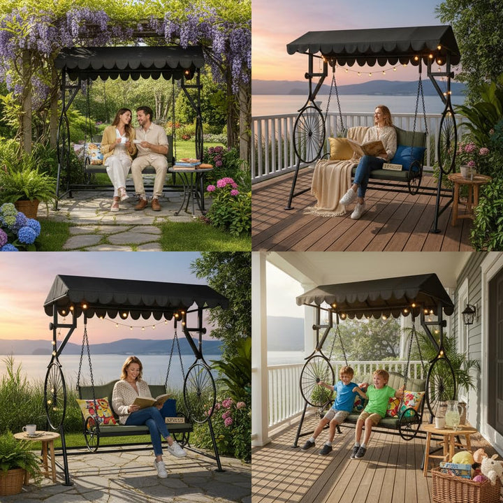 Translation missing: en.APRODZ Best Buy Steel Porch Jhula Swings Outdoor Iron Frame Deluxe Patio Garden Porch Canopy 3 Seats Swing with Bench 