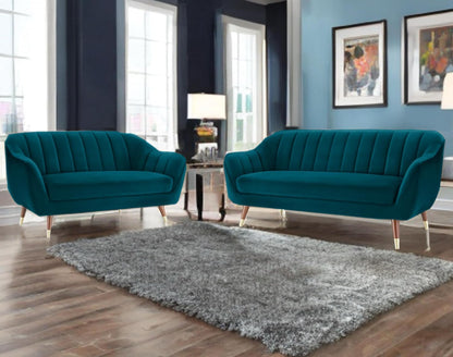 Lumina Modern Velvet Upholstered 3-Seater Sofa with Channel Tufted Backrest & Golden Metal Legs | Stylish Mid-Century Couch for Living Room & Lounge