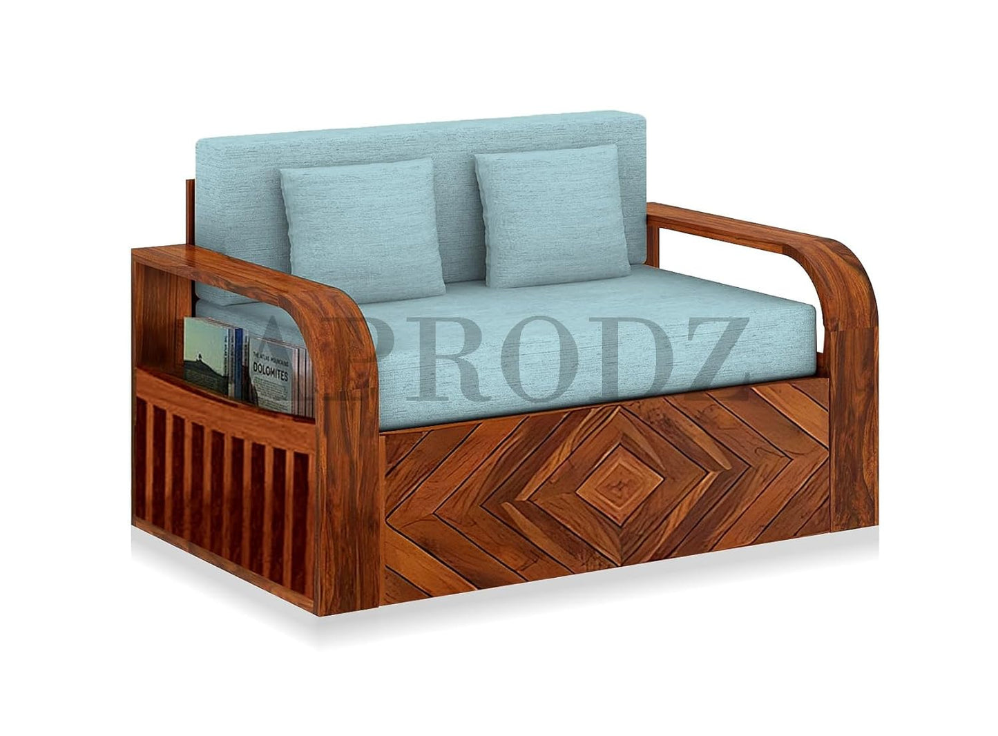 Sheesham Wood Sofa Cum Bed with Storage, 2 Seater, Teal Upholstery (75 x 51 x 30 Inch)