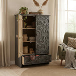 Mango Wood Wardrobe for Bedroom 2-Door Antique Wooden Almirah for Storage with 1-Drawer Storage Organizer Rack Clothes Cupboard for Bedroom 