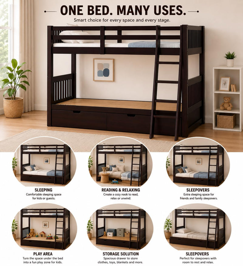 Sheesham Wood Moyer Bunk Bed for Bedroom | Brown Finish 